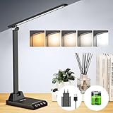 Schreibtischlampe LED Dimmbar - Tischlampe Kabellose mit 2500 mAh Wiederaufladbarem Akku, 5 Farben und 10 Helligkeitsstufen, USB Ladeanschluss, Bürolampe LED Schreibtischlampe für Kinder Büro, Schwarz