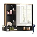 YITAHOME Spiegelschrank Bad mit Beleuchtung, LED Badezimmer Spiegelschrank mit 3 Türen, Steckdosen, Wandschrank, Badezimmerspiegel, hängender Badezimmerschrank, 80W x 15D x 75H cm, Braun and Schwarz