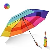 Lejorain Großer Regenbogen-Regenschirm, Golfschirm, 137,2 cm, automatisch, doppelter Baldachin, winddicht, Regenbogen-Faltung, kompakt für Erwachsene