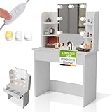 Juskys Schminktisch Zoey mit LED-Beleuchtung, großer Spiegel mit Rahmen, Schublade & Regal, viel Stauraum, pflegeleicht & modern — Weiß