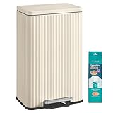 SONGMICS Mülleimer Küche, 50 Liter, Abfalleimer mit Pedal, Tretmülleimer mit Deckel, Softclose, Inneneimer herausnehmbar, Stahl, inklusive 15 Müllbeutel (Code K), cremeweiß LTB586LZ02