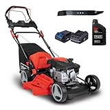Scheppach MS150-46E Benzin Rasenmäher mit E-Start | 46cm Schnittbreite | 55L Korb | Stahlgehäuse | 7-fache Höhenverstellung | Mulchen | Radantrieb Seitenauswurf | inkl. Motoröl & 2. Mäh-/Mulchmesser