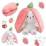 Hasen Verstecken Osterhase Kuscheltier Flip Karotte Erdbeer Plüsch Spielzeug Plüschtier Hase Stofftier Erdbeeren Karotten Hase mit Reißverschluss Ostergeschenke Für Kinder, Jungen, Mädchen(Rot)