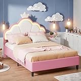 Aneutr Polsterbett Einzelbett 90x200 cm, Kinderbett mit LED Beleuchtung und Kronen Kopfteil, Jugendbett mit Lattenrost, Bett Mädchen Prinzessin Bett, Samt, Ohne Matratze (Rosa, 90x200)