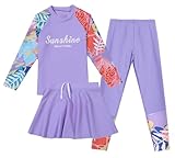 Happy Cherry Badeanzug Mädchen 3 Stück Bademode-Set Kinder Lange Ärmel Bedruckt Schwimmshirt+Elastischer Bund Badehose+Minirock Sonnenschutz Badebekleidung Lila 3-4 Jahre