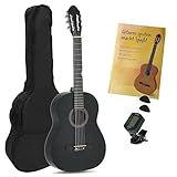 Juan Miguel Navarrez Konzertgitarre, klassische Gitarre, 4/4 schwarz, Starter Set (inkl. Tasche, Plektren, Buch mit CD, Stimmgerät)