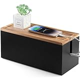 Kabel-Management-Box aus Holz, Kabel-Organizer-Box, 2 offene Schlitze, Kabelversteckbox, Untertisch-Kabel-Organizer für Steckdosenleiste, Verlängerungskabel, Überspannungsschutz, Ladekabel, Schwarz