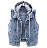 OLGER Ärmellose Jeansweste-Vintage Distressed Washed Denim Weste Kordelzug Abnehmbare Kapuze Kurze Jeansweste Jeansjacke Cropped Freizeit Sommer Frühling Jeansjacke Cardigan Top Outwear,Hellblau,L