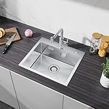 CECIPA Küchenspüle Edelstahl mit Hahnloch, 50x45cm Spülbecken Edelstahl Eckig inkl Siphon & Über, Spüle Edelstahl für Arbeitsplatten ab 50cm