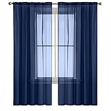 NINGBAI Gardinen mit Kräuselband 210 x 120 cm Voile Polyester Transparent Wohnzimmer Luftig Dekoschal Leinen Gardinen, Sheer Curtains für Kinderzimmer Raumteiler, Blau