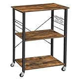 VASAGLE Küchenregal auf Rollen, Servierwagen, 3 Ebenen, Küchenwagen, für Mini-Backofen, Mikrowellen, Metallrahmen, 6 Haken, 40 x 60 x 89 cm, vintagebraun-tintenschwarz KKS60XV1