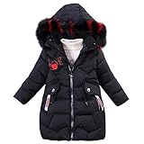 linboo Mädchen Winterjacke Kinder Wintermantel Dicke Steppjacke Lange Warme Parka Baumwolljacke Outdoor Mantel mit Fellkapuze und Love Stickdruck, Schwarz, 146-152