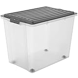 Rotho Compact Aufbewahrungsbox 70l mit Deckel und Rollen, Kunststoff (PP) BPA-frei, grau/transparent, A3/70l (57.0 x 39.5 x 43.5 cm)