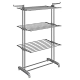 SONGMICS Wäscheständer, Standtrockner 4 Ebenen, Flügelwäscheständer, klappbare Flügel, mit Rollen, 63,5 x 128 x 173 cm, groß, einfacher Aufbau, für Innen- und Außenbereich, grau LLR701G01
