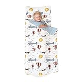 JumpOff Jo Extra lange Kleinkind-Schlafmatte – Kinderschlafsack mit abnehmbarem Kissen für Vorschule, Kindertagesstätte und Übernachtungen – 134 x 53 cm, Decke 76,2 cm breit – Flugzeug, Flug nehmen