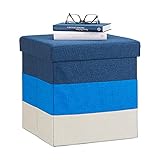 Relaxdays Polster Hocker mit Stauraum, gestreifter Sitzhocker, faltbarer Polsterhocker HBT: 38 x 38 x 38 cm, blau-weiß
