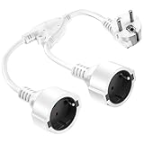 Doppelstecker für Steckdose, Verlängerungskabel mit 2 Schuko Steckdosen, 2 in 1 Steckdosenadapter mit Flexible Kable, Doppelstecker mit Kurzes Kabelfür Küche, Büro, Zuhause, 16A/250V/Max 3680W-Weiß