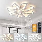 Dimmbar Deckenleuchte mit Ventilator Groß 80cm, Deckenventilator mit Beleuchtung und Fernbedienung Leise, LED Deckenlampe für Wohnzimmer Schlafzimmer Ventilator mit Licht, Blütenblatt-Design 9-Köpfe