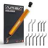 ruthex Entgrater inkl. 11 Klingen für Kunststoff, Metall, Edelstahl, Kupfer - ideal im 3D Druck - Handentgrater mit STAUFACH im Griff - 360° rotierende Klingen - Entgraterklingen für Bohrungen