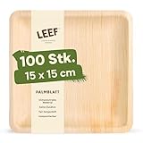 Leef 100x Palmblatt Teller eckig - Einweggeschirr kompostierbar und naturbelassen - 15 x 15 cm - umweltfreundlich - Geschirr Partygeschirr Einwegteller