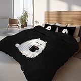 Generisch Schwarz Bettwäsche Cartoon Bettbezug-Set 135 x 200 cm + 1 Kissenbezug 80 x 80 cm, Hochwertiges Microfaser Wendebettwäsche mit Reißveschluss, Süße Tiere Katze Kaffee Geschenkideen