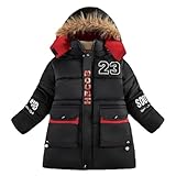 linboo Warme Winterjacke Jungen Parka Fleece Mäntel mit Fellkapuze Kinder Wintermantel Baumwolle Jacke Gefütterte Winddichtes Winterparka, Schwarz, 128-134(Herstellergröße: 140)