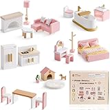 ROBUD Holz Puppenhaus Möbel Set 28-TLG, Puppenmöbel Zubehör für Puppenhaus, Schlafzimmer Küche Wohnzimmer Bad Esszimmer, pinkes Geschenk für Kinder