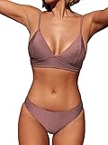 CUPSHE Damen Bikini Set Triangel Bikini Bademode Low Rise Brazilian Gerippter Zweiteiliger Badeanzug Swimsuit Ziegelrot XL