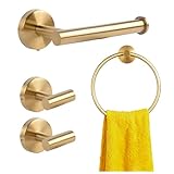 4-teiliges Badezimmer-Accessoire-Set, bestehend aus Toilettenpapierhalter, Handtuchhalter, Wandhaken aus Edelstahl für Handtücher und Bademantelhaken, Gebürstetes Gold