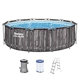 Bestway Steel Pro MAX Frame Pool-Set mit Filterpumpe Ø 366 x 100 cm, Holz-Optik (Mooreiche), rund