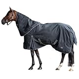 HKM Regendecke Pferd mit 300g Füllung und abnehmbarem Halsteil, Weidedecke Pferd, Übergangsdecke Pferd, wasserdichte Outdoordecke 145 cm schwarz