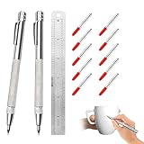 Anreißwerkzeug Set mit 2 Anreissnadel aus Wolframcarbid, Reißnadel für Metall und Keramik, 10 Ersatzspitzen, magnetische Stiftspitze, inklusive Stahllineal, praktisches Anreißwerkzeug Set Metall