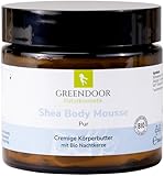 GREENDOOR parfümfreie vegane Natur Körperbutter 200ml im Glastiegel, Bodymousse PUR Body-Butter ohne Parabene Duftstoffe, Naturkosmetik mit BIO Sheabutter, natürliche Hautpflege, Haut Körper-Creme
