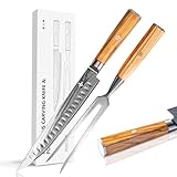 FUJUNI Damast Tranchier-Set mit Gabel, 2-teilig, Fleischmesser Mit Extrem Scharf 22,5cm Klinge Aus 67 Lagen Vg-10 Damaststahl, Gabel 28,7 cm, Olivenholzgriff, Geschenkbox