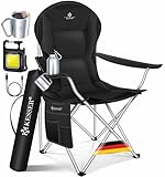 KESSER® Campingstuhl faltbar bis 150 kg Angelstuhl Faltstuhl Klappstuhl Gepolstert mit Armlehnen, hohe Rückenlehne Strandstuhl, Klapphocker inkl. Campinglicht Getränkehalter Tasche & Becher Schwarz
