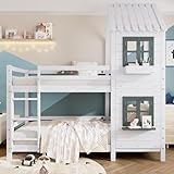 KecDuey 90x200 cm Etagenbett mit Handlauf und Fenster, Kinderbett Hausbett mit Fallschutz und Gitter, Rahmen aus Kiefer