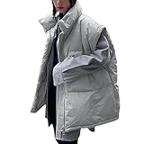 Uwdiohq Steppweste Für Damen Mit Stehkragen, Ärmellos, Gepolsterte Jacke, Mantel, Gilet-Jacke Weste Wolle (Grey, L) Lange Daunenweste Lang Ärmellos Leicht Dünne Halblang Kapuze Strickweste