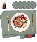 HELI MIAO Tischsets Abwaschbar,Platzsets Abwischbar, Leder,Hitzebeständig Doppelseitigen I 6er Set Platzdeckchen Lederoptik mit Untersetzer,Tischuntersetzer rutschfest,Salbeigrün