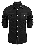 COOFANDY Herren Western-Cowboy-Hemd, langärmelig, Baumwolle, lässig, Button-Down-Arbeitshemd mit Taschen, 01-Schwarz, 4X-Groß