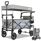 Sekey Bollerwagen Faltbar mit Dach 2 Kinder 100KG, Faltbarer Bollerwagen Handwagen Schiebegriff, Kinderwagen Stoßfest PU-Räder mit Bremsen 110L, SS5050, Grau