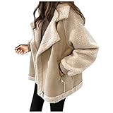 Jacken aus Lammwolle für Frauen,Große Größe Langarm Reverskragen Freizeitmantel,übergangsjacke Damen Herbst,Outwear mit Reißverschluss（Beige,S）,A232