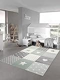 Teppich-Traum Kinderzimmer Teppich Spiel & Baby Teppich Herz Stern Punkte Design Grün Grau Creme Größe 80x150 cm