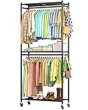 Sakugi Kleiderständer auf Rollen – Kleiderständer mit Ablagen & Haken, Multifunktionale Kleiderstange aus Metall für Schlafzimmer, Wäscheraum, Balkon, 84 x 31 x 202 cm, Schwarz