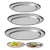 SUNOYA 3 Stück Serviertablett Edelstahl, Servierplatte Groß Servierteller, Tablett Pizzablech, Grillschale Tablett Oval Zum Servieren Für Outdoor Camping Picknick Home Party Schlemmerplatte