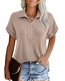 Damenshirts Lässig Kurzarm Sommer Frauen Tshirt Modern Lang Wanderbluse Damen Kurzarm Unifarben Elegant Blusen & Tuniken für Damen Shirt Überschnittene Schulter Bluse Locker Fallend Oberteil,XL