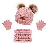 LINSOCLE 3in1 Kinder Wintermütze Schal Handschuhe Set, Strickmütze Babymütze Mütze, Jungen Warme Wintermütze Beanie Hut Handschuhe Runder Schal für Kinder 2-6 Jahre