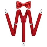 AOOWU Hosenträger für Herren, Breit 2.5 cm mit sehr Starken 3 Metall Clip, 2er Set mit farblich passender Fliege, Einstellbar und Elastisch Einheitsgröße für Männer und Damen, X Style (Rot)