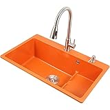 Küchenspüle, Vorbereitungsspüle, große Einzelspüle aus abgestuftem Quarzstein, orangefarbene Granitspüle, Abtropfgestell, Wasserhahn für heißes und kaltes Wasser, Seifenspender, Größe: 27 x 18 Zo
