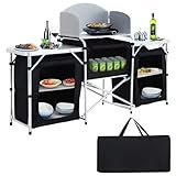 Warmiehomy Campingküche Schrank Faltbar, Tragbarer Campingschrank mit Aluminiumgestell, 3 Schränkfach & Abnehmbare Platte, Outdoor Küchenschrank für Picknick, Reisen, Strand, Schwarz, 175×40×110 cm