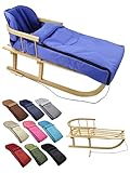 Kombi-Angebot [Holz-Schlitten + universaler Winterfußsack 108cm] Rodel mit Rückenlehne und Zugseil Fußsack geeignet für Babyschale Kinderwagen Buggy mit Thermofleece (blau)